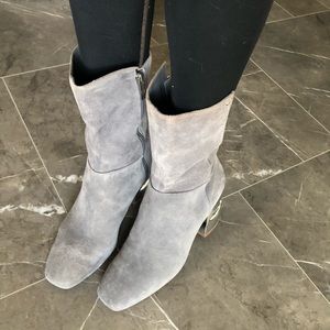 Halston gray suede booties with mirror block heel